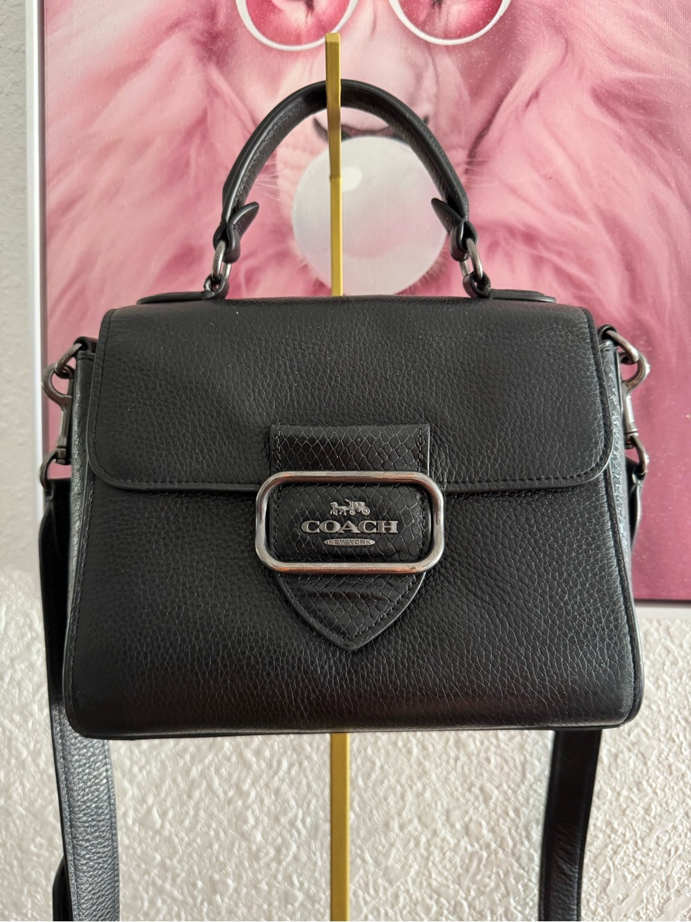 COACH Black Leather Top-Handle Satchel with Signature Buckle